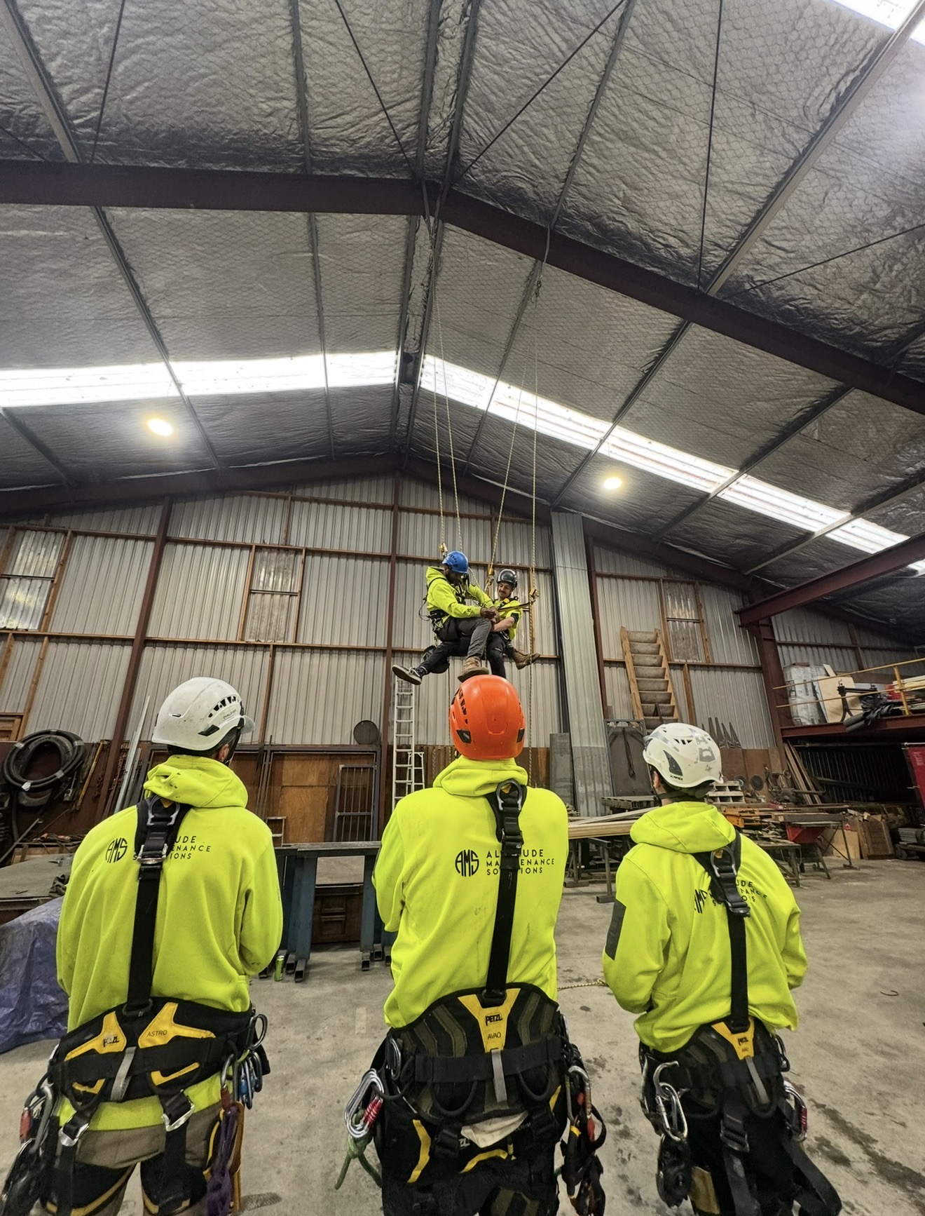Safety equipment including helmet, gloves, and harness neatly arranged
